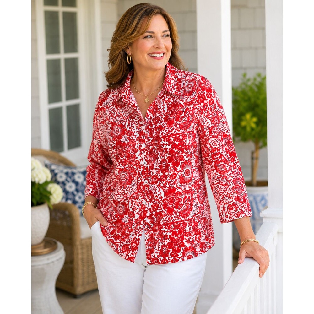 Chicos Red White Floral Button Front Shirt Cotton Stretch Sz 20 XXL